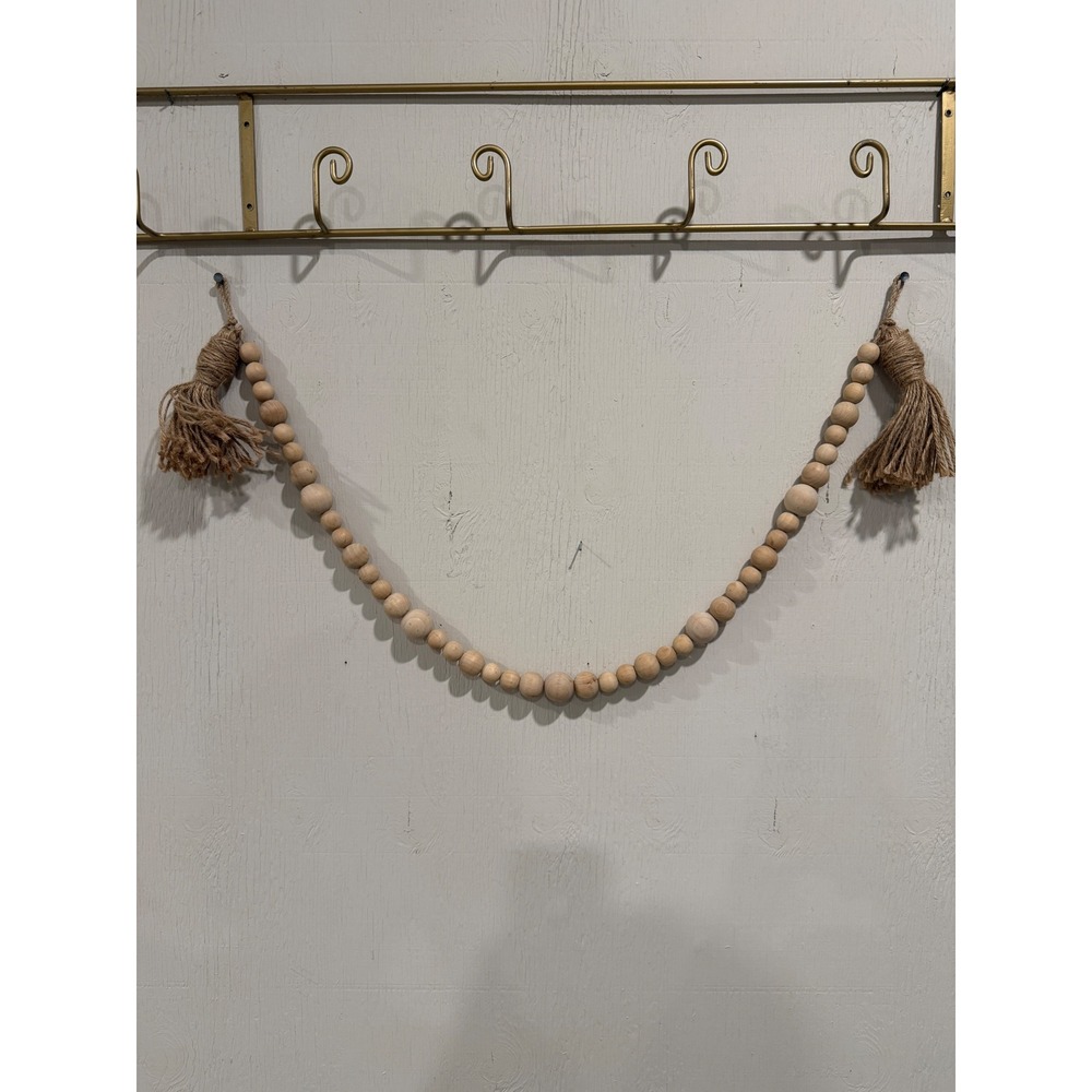 Natural Wood Bead Garland with Jute Tassels Boho Farmhouse Decor